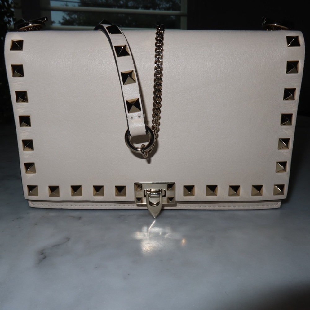 Valentino Garavani Ivory Leather Crossbody with Gold Studs